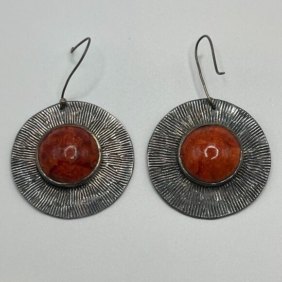 Vintage 925 Sterling Silver Red Coral Earrings from Thailand – Sunburst Design - Picture 1 of 9